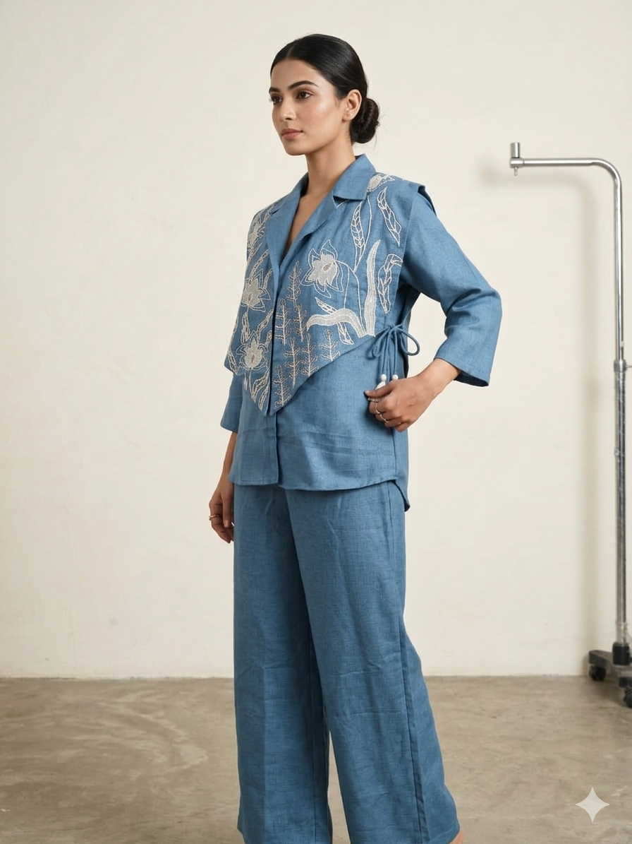 Azure Artistry: Appliqué Linen Jacket & Pleated Palazzo Set