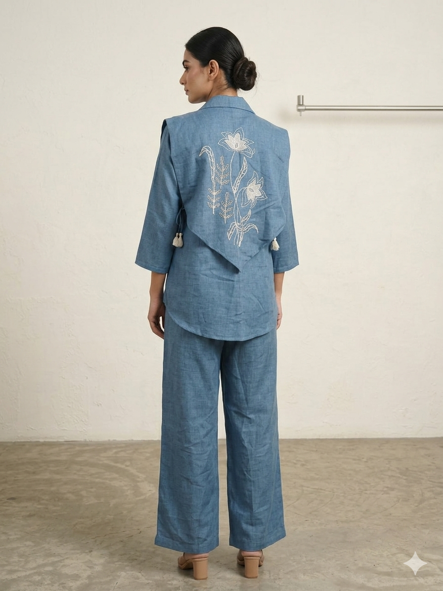 Azure Artistry: Appliqué Linen Jacket & Pleated Palazzo Set