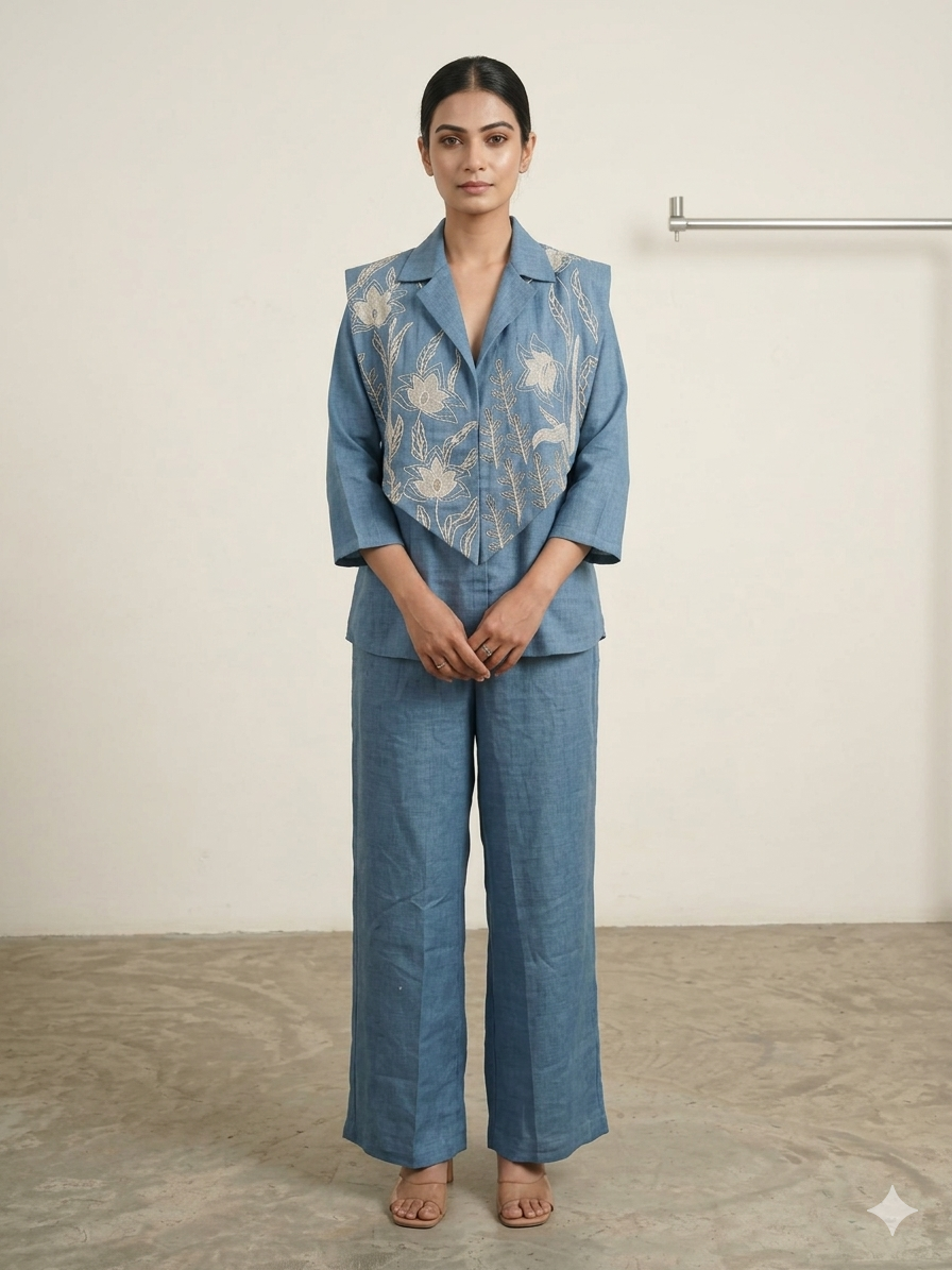 Azure Artistry: Appliqué Linen Jacket & Pleated Palazzo Set