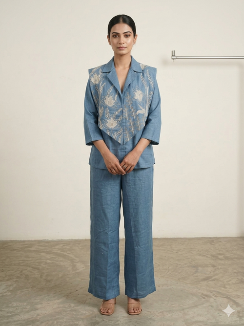 Azure Artistry: Appliqué Linen Jacket & Pleated Palazzo Set