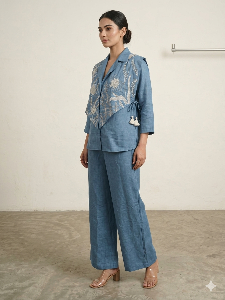 Azure Artistry: Appliqué Linen Jacket & Pleated Palazzo Set