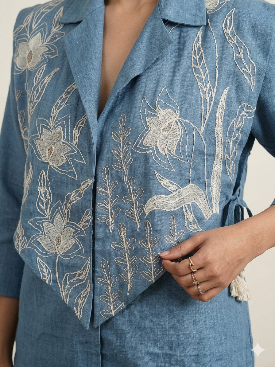 Azure Artistry: Appliqué Linen Jacket & Pleated Palazzo Set