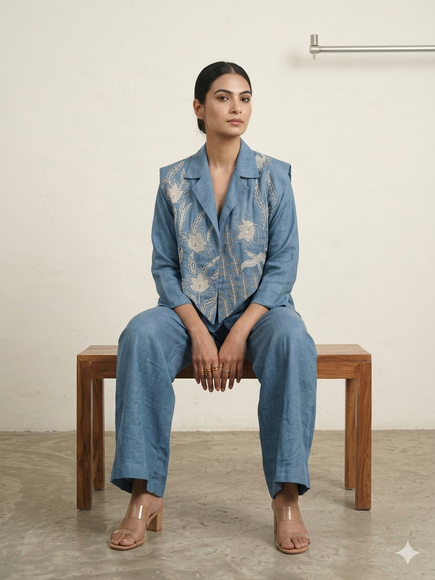 Azure Artistry: Appliqué Linen Jacket & Pleated Palazzo Set