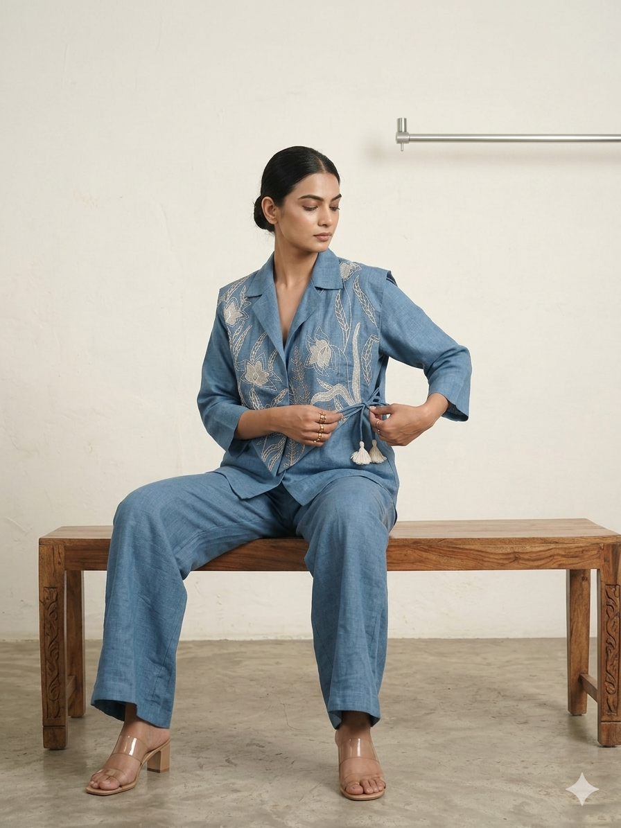 Azure Artistry: Appliqué Linen Jacket & Pleated Palazzo Set