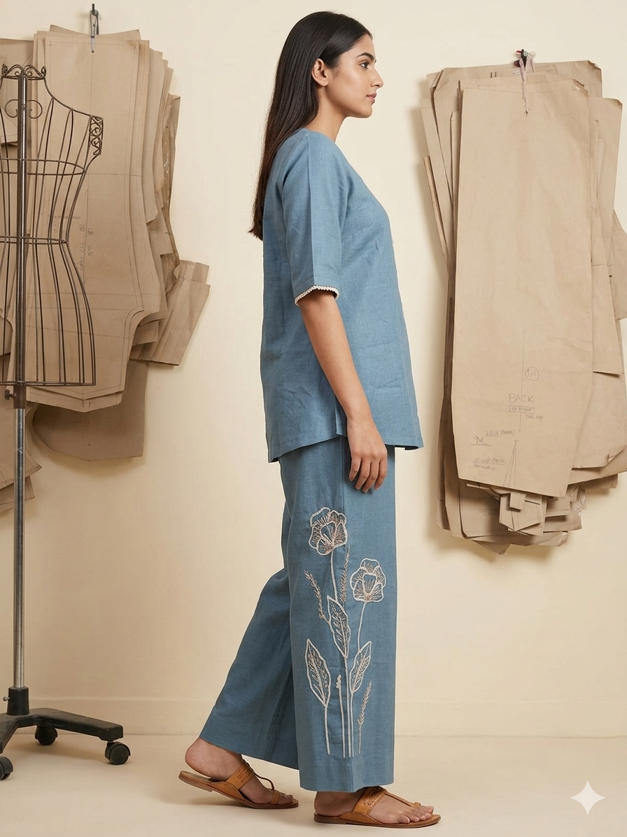 Hand-Embroidered Blue Linen Co-ord Set