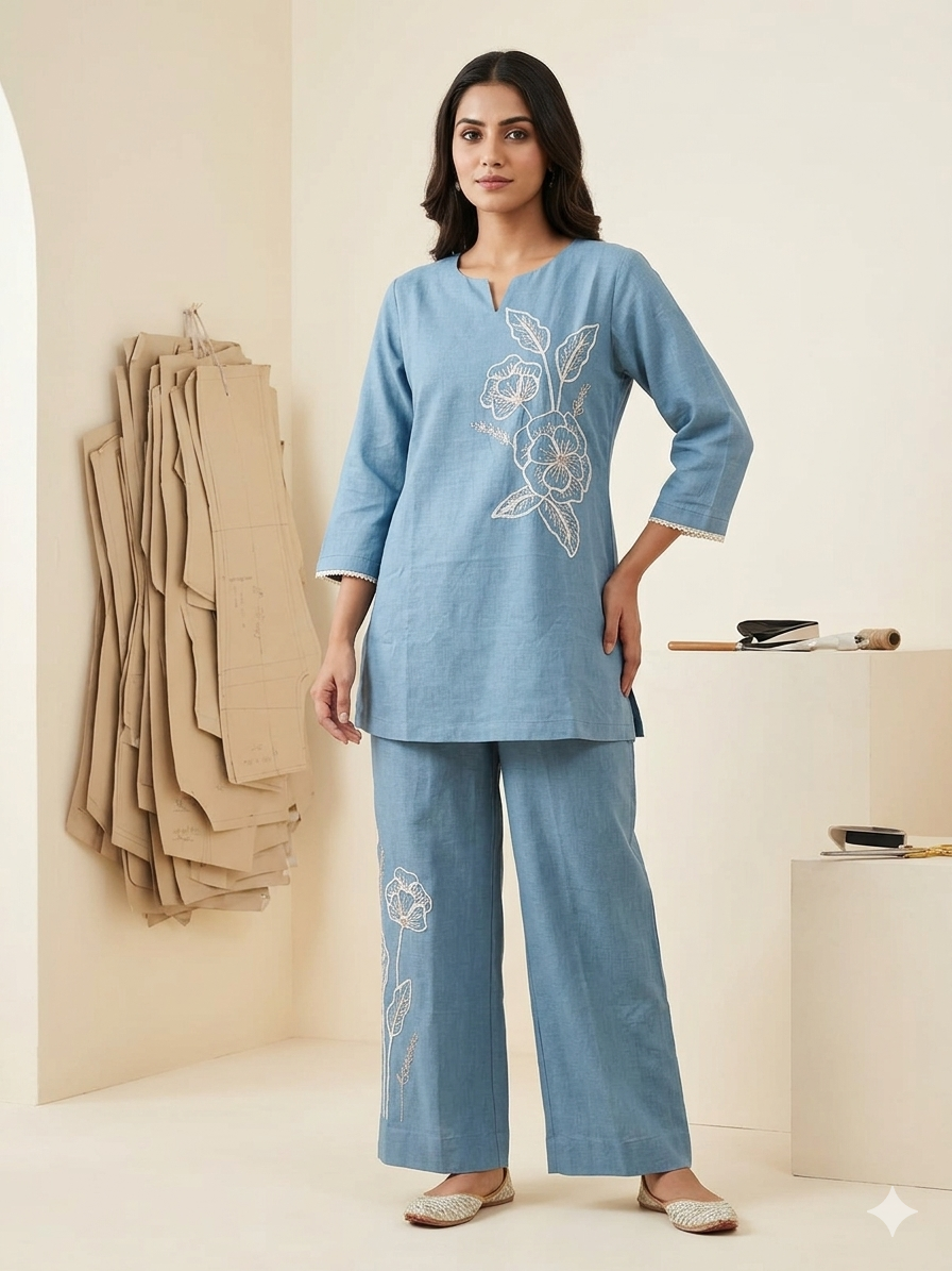 Hand-Embroidered Blue Linen Co-ord Set