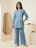 Hand-Embroidered Blue Linen Co-ord Set