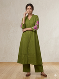 Olive Oasis: A-Line Kurta with Pink Floral Appliqué