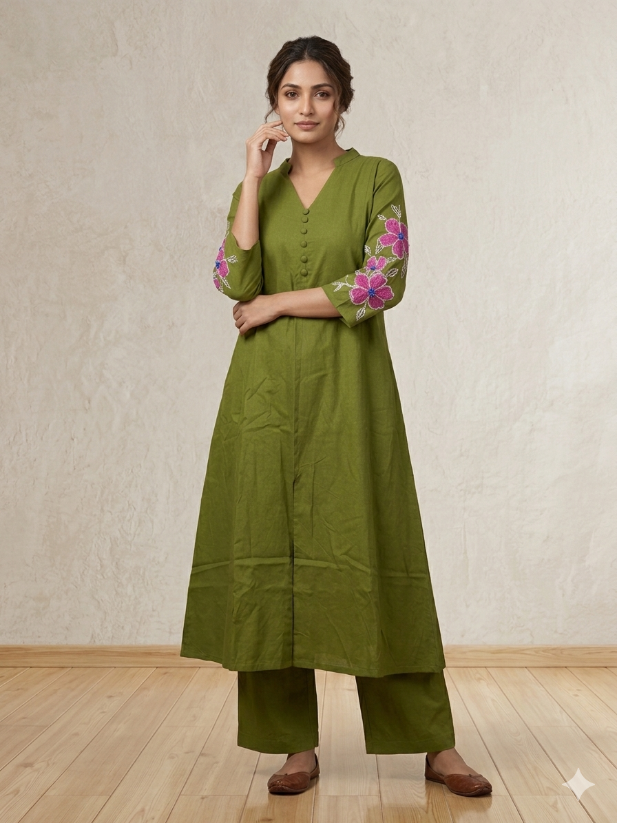 Olive Oasis: A-Line Kurta with Pink Floral Appliqué