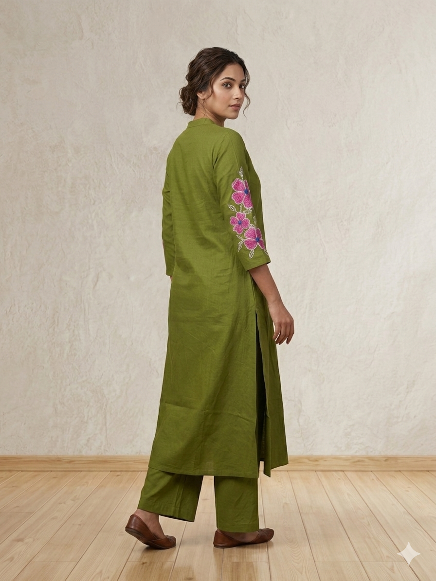 Olive Oasis: A-Line Kurta with Pink Floral Appliqué