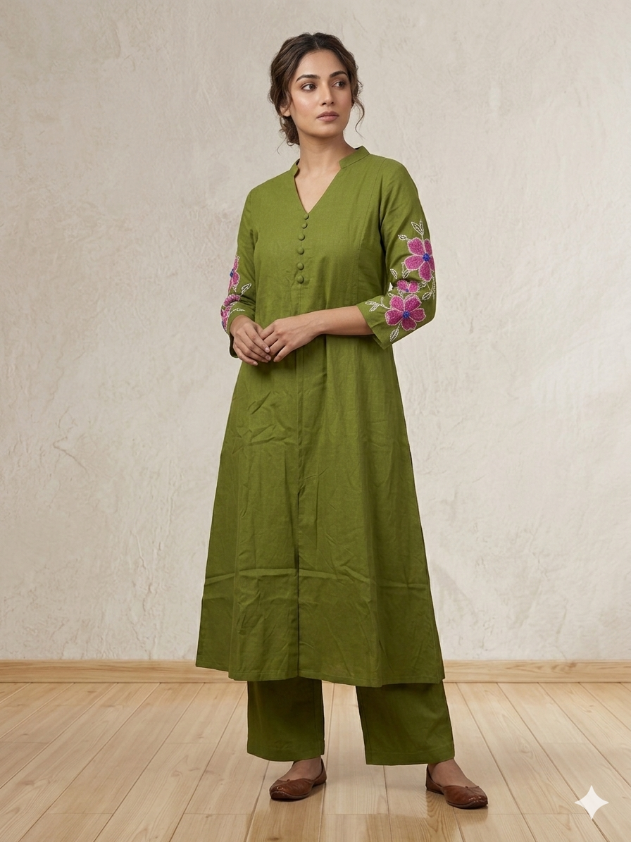 Olive Oasis: A-Line Kurta with Pink Floral Appliqué