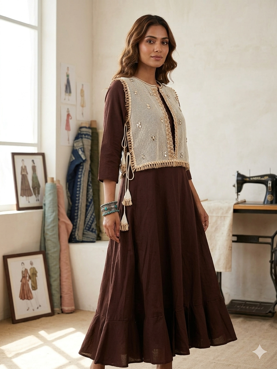 Sienna Solace: Hand-Embroidered Wrap Skirt & Net Jacket Set