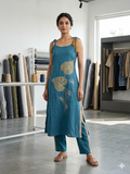Dusty Earth: Hand-Embroidered Appliqué Kurta with Jute Lace & Shoulder Ties