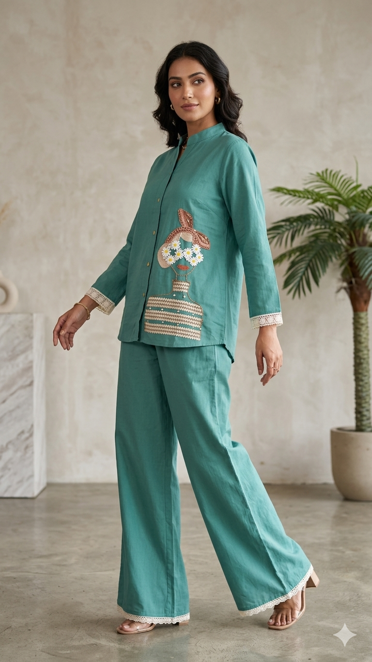 Rama Surreal: Face Motif Hand-Embroidered Co-Ord Set