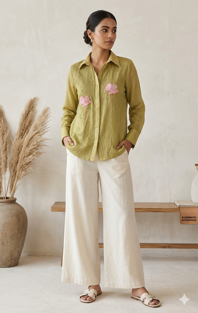 Verdant Bloom: Bright Green Shirt with Contrast Floral Hand-Embroidery