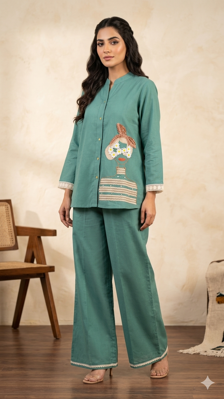 Rama Surreal: Face Motif Hand-Embroidered Co-Ord Set