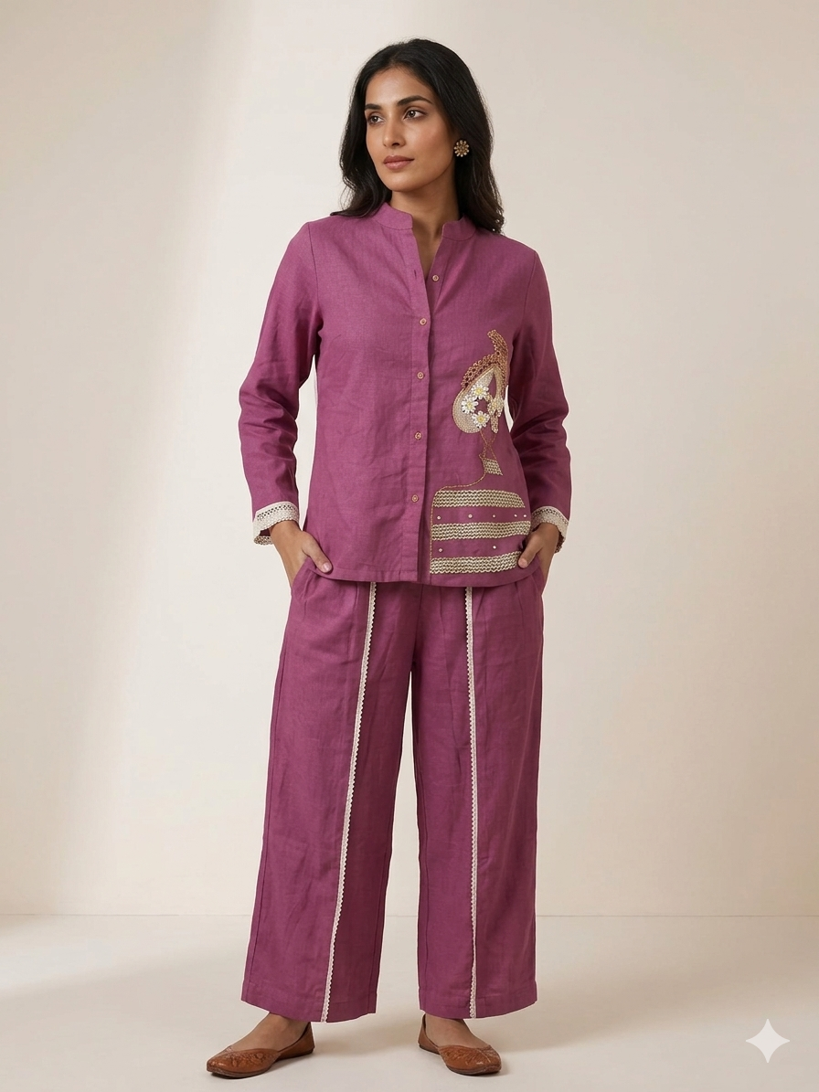Magenta Muse: 3D Face Motif & Crossia Lace Co-ord Set