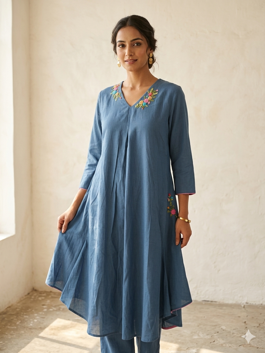 Cerulean Sculpt: 3D Floral & Anker Work Cotton Kurta