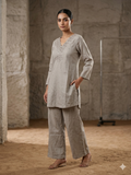 Silver Mist: Zardosi & Mirror-Work Hand-Embroidered Linen Co-ord Set
