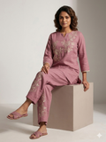 Mauve Mystique: Zari & Hand-Embroidered Linen Palazzo Set